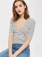 Oasap Striped V Neck Half Sleeve Cropped Knit Tee