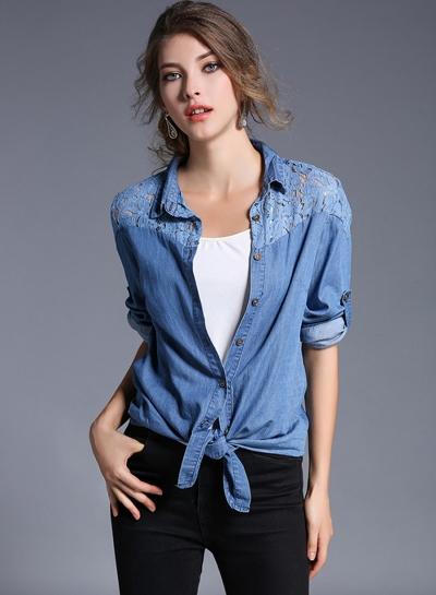 Oasap Turn Down Collar Long Sleeve Lace Splicing Denim Shirt