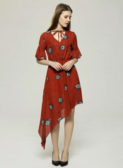 Oasap V Neck Flare Sleeve Floral Printed Irregular Dress