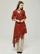 Oasap V Neck Flare Sleeve Floral Printed Irregular Dress