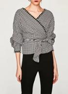 Oasap Plaid Wrap V Neck Long Sleeve Pearls Tie Waist Blouse