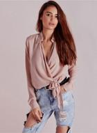 Oasap V Neck Long Sleeve Solid Color Lace-up Blouse