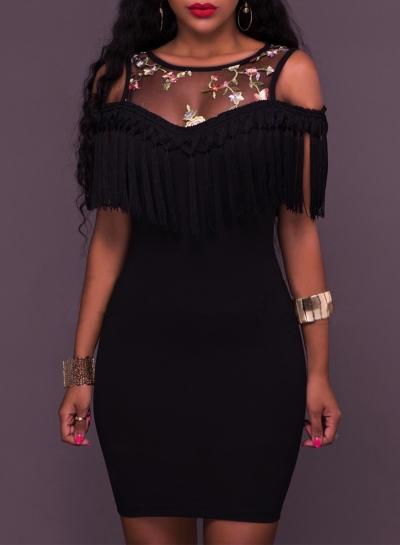 Oasap Round Neck Off Shoulder Floral Embeoidery Tassels Decoration Dress