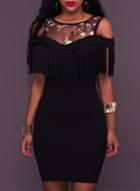 Oasap Round Neck Off Shoulder Floral Embeoidery Tassels Decoration Dress