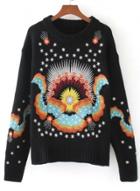 Oasap Round Neck Floral Embroidery Sweaters