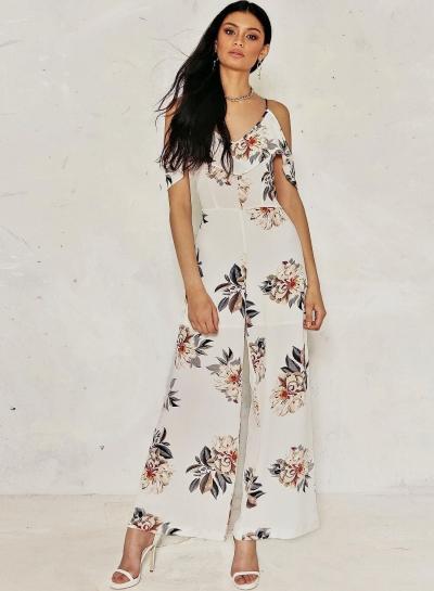 Oasap Spaghetti Strap V Neck Floral Print Jumpsuit