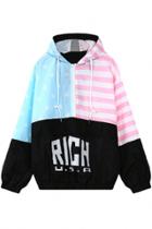 Oasap Sweat Graphic Color Block Drawstring Hoodie