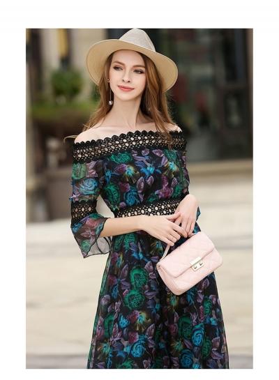 Oasap Floral Print Slash Neck Midi Chiffon Dress