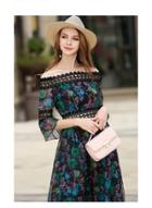 Oasap Floral Print Slash Neck Midi Chiffon Dress