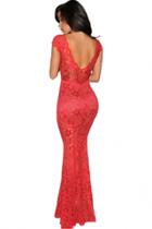 Oasap Red Lace Nude Illusion Low Back Evening Dress
