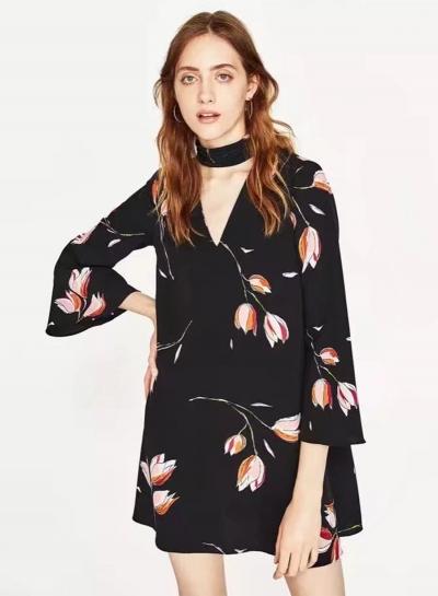 Oasap Choker Neck Flare Sleeve Floral Dress