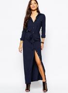 Oasap Turn Down Collar Long Sleeve Solid Color Button Down Maxi Dress With Belt