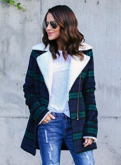 Oasap Fashion Long Sleeve Plaid Zip Coat