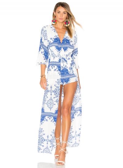 Oasap V Neck 3/4 Sleeve Blue And White Porcelain Split Maxi Dress