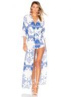 Oasap V Neck 3/4 Sleeve Blue And White Porcelain Split Maxi Dress
