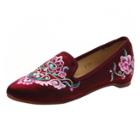 Oasap Pointed Toe Floral Embroidery Slip-on Flat Satin Shoes