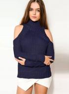 Oasap High Neck Off Shoulder Long Sleeve Solid Knit Sweater