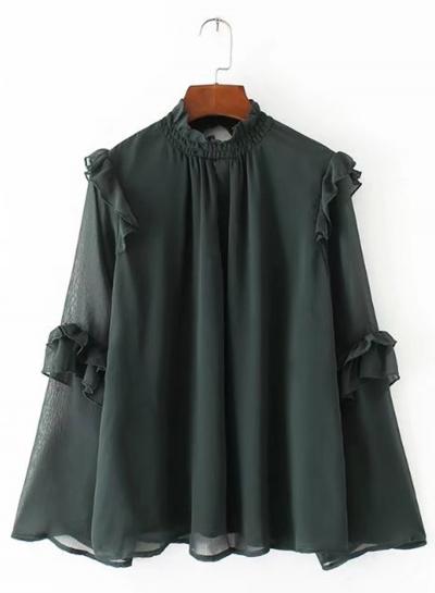 Oasap Solid Color Long Sleeve Flounce Panel Blouse