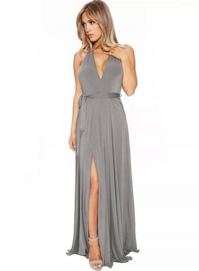 Oasap V Neck Backless Sleeveless High Slit Maxi Dress With Belt
