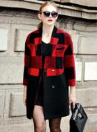 Oasap Turn Down Collar Long Sleeve Plaid Splicing Plus Size Coat