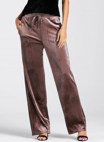Oasap Velvet Solid Color Drawstring Waist Straight Pants