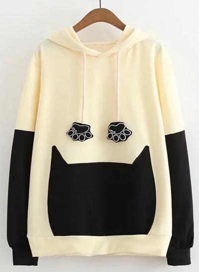 Oasap Long Sleeve Color Block Cat Embroidery Hoodie