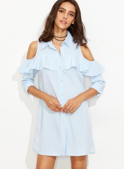 Oasap Women's Open Shoulder Flounce Trim Shirt Dress