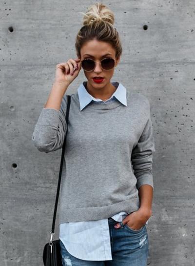 Oasap Turn-down Collar Long Sleeve Color Block Sweatshirt