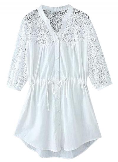 Oasap Women's Casual White Hollow Out Drawstring Waist Dress