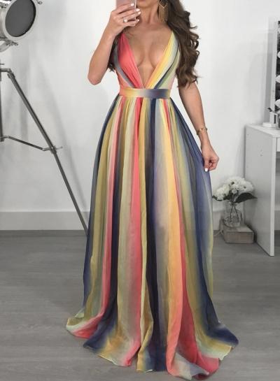 Oasap Fashion Chiffon Sleeveless Backless V Neck High Waist Women Maxi Dress