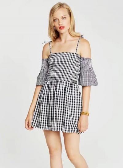 Oasap Fashion Off Shoulder Flare Sleeve Plaid Dress