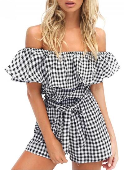 Oasap Fashion Off Shoulder Ruffle Plaid Romper