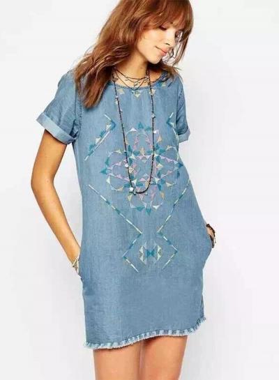 Oasap Pattern Embroidery Loose Denim Dress