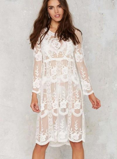 Oasap Long Sleeve Floral Lace Sheer Cover-up Bikini Swimwear