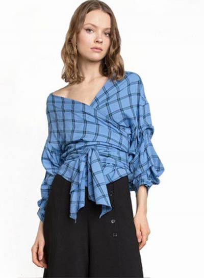 Oasap Fashion V Neck Tie Front Irregular Plaid Blouse