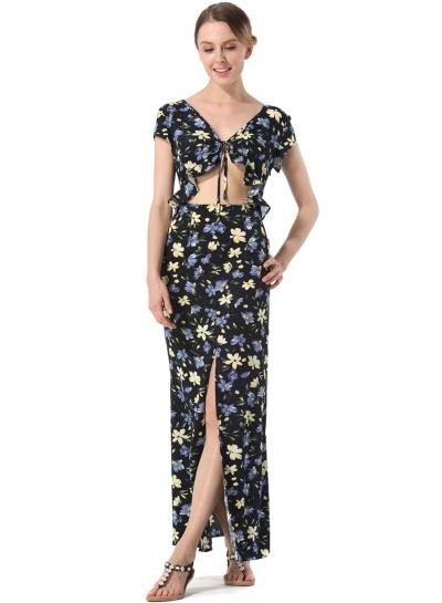 Oasap V Neck Floral Print Ruffle Split Maxi Dress