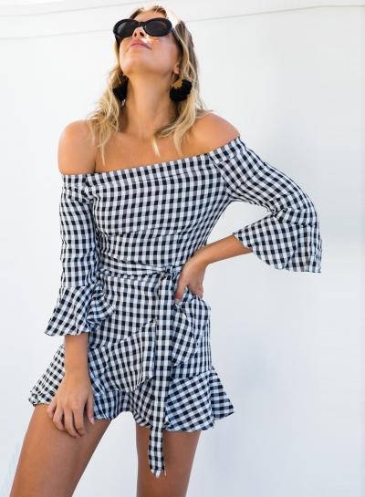 Oasap Slash Neck Plaid Printed Flounce Hem Dress