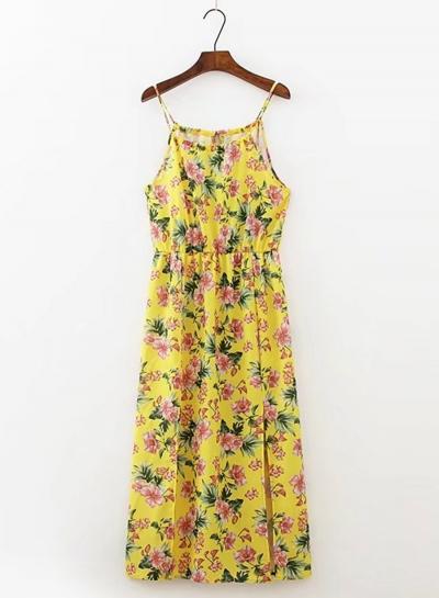 Oasap Spaghetti Strap Sleeveless Floral Print Slit Dress