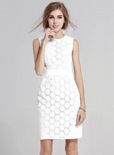 Oasap Round Neck Sleeveless Solid Color Lace Dress