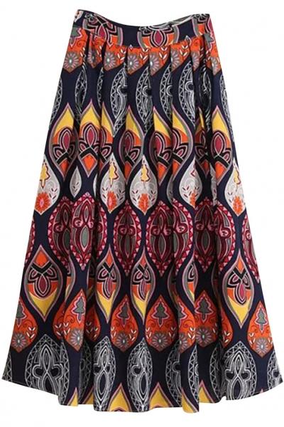 Oasap Bohemian Geo Printed Flared Midi Skirt