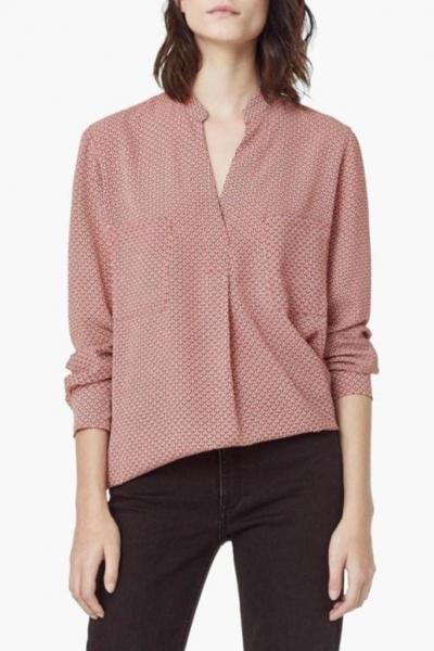 Oasap Fashion Print V Neck Breasted Pocket Blouse