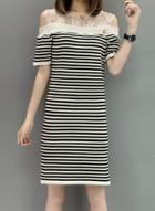 Oasap Lace Panel Off Shoulder Short Sleeve Striped Dress