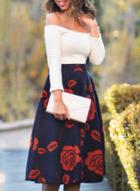 Oasap Fashion Off Shoulder Long Sleeve Floral A-line Dress