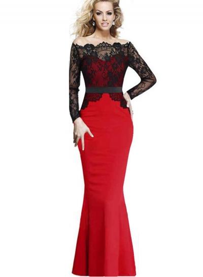 Oasap Slash Neck Lace Long Sleeve Maxi Dresses