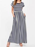 Oasap Round Neck Half Sleeve High Waist Striped Maxi Dress