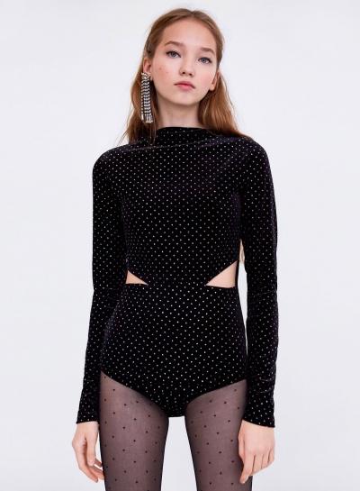 Oasap Fashion Long Sleeve Cut Out Velvet Bodysuit
