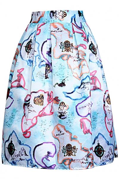 Oasap Abstract Map Print Pleated Swing Skirt