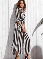 Oasap Striped Belt Turn Down Collar Day Dresses