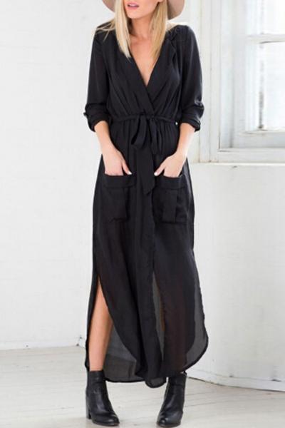 Oasap Fashion Deep V Split Belted Dress