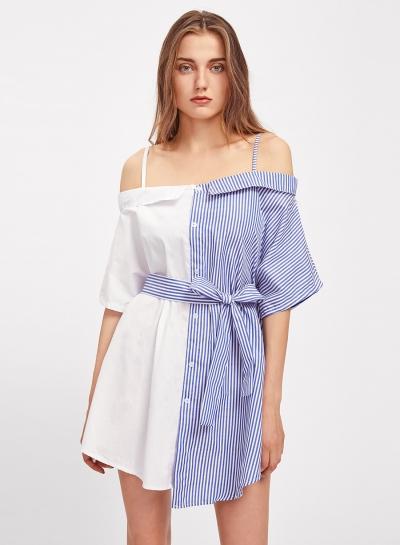 Oasap Spaghetti Strap Color Block Button Down Striped Dress With Belt